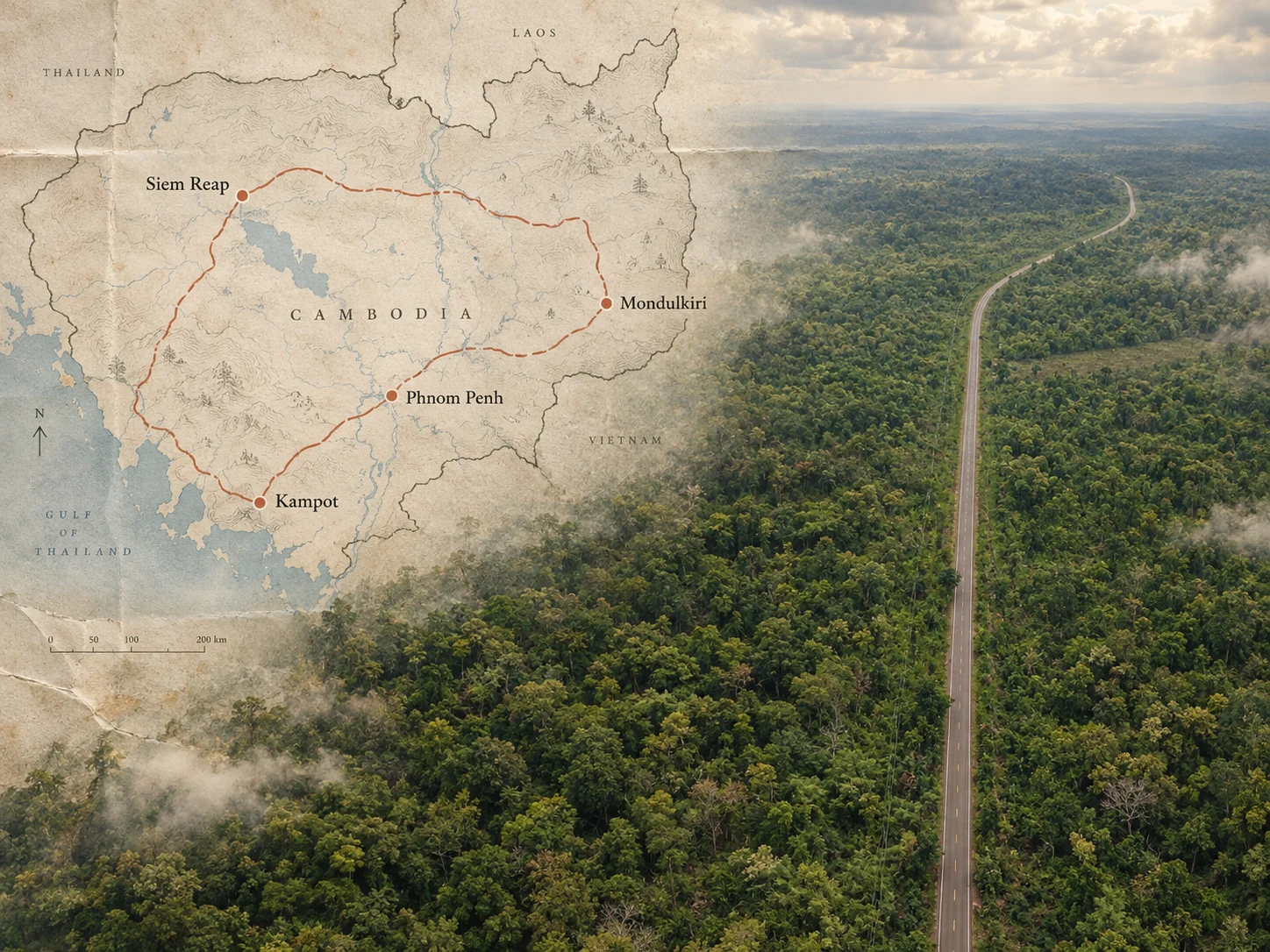 Editorial composition blending a Cambodia route map with a forest road from our journey